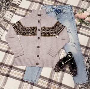 Classic Fair Isle Wool Blend Mock Neck Cardigan